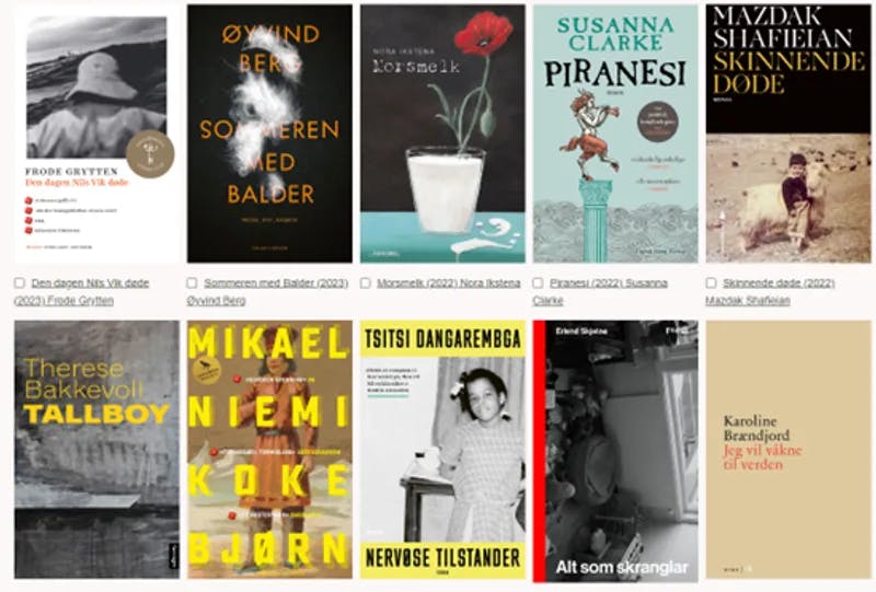 Omslagene til de ti nominerte bøkene i Bibliotekenes litteraturpris